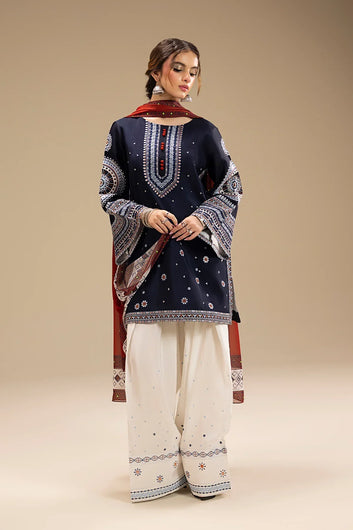 JAZMIN - 3PC DHANAK EMBROIDERED SHIRT WITH TWILL PRINTED SHAWL AND TROUSER
