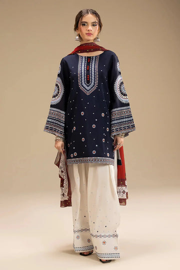 JAZMIN - 3PC DHANAK EMBROIDERED SHIRT WITH TWILL PRINTED SHAWL AND TROUSER